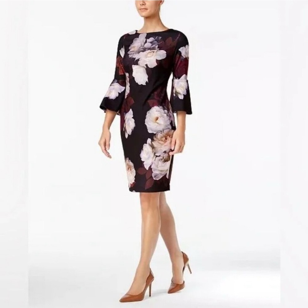 Calvin Klein Sheath Dress with Bell Sleeves in Pink and White